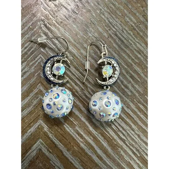 Signed Betsey Johnson Celestial Moon Blue Aurora Borealis Rhinestone Earrings - Picture 8 of 8